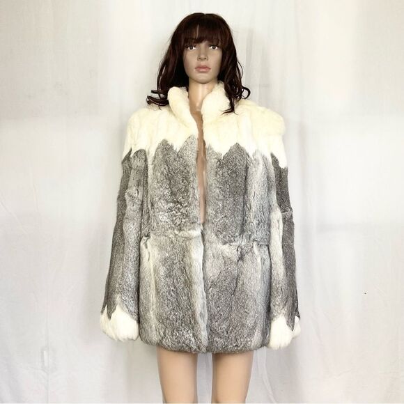Rare vintage unique gray white 100% rabbit fur jacket coat L